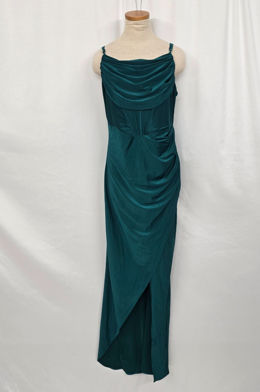 Faeriesty Elegant Green Cowl Drape Neck Spaghetti Strap Slit Gown Women's XL